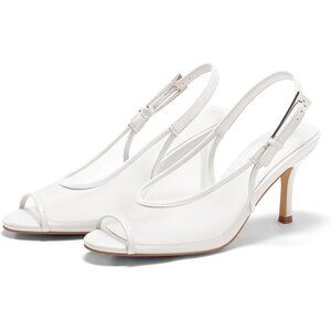 Women's White Slingback High Heels Open Peep Toe Mesh Sandal Buckle Dress Shoes